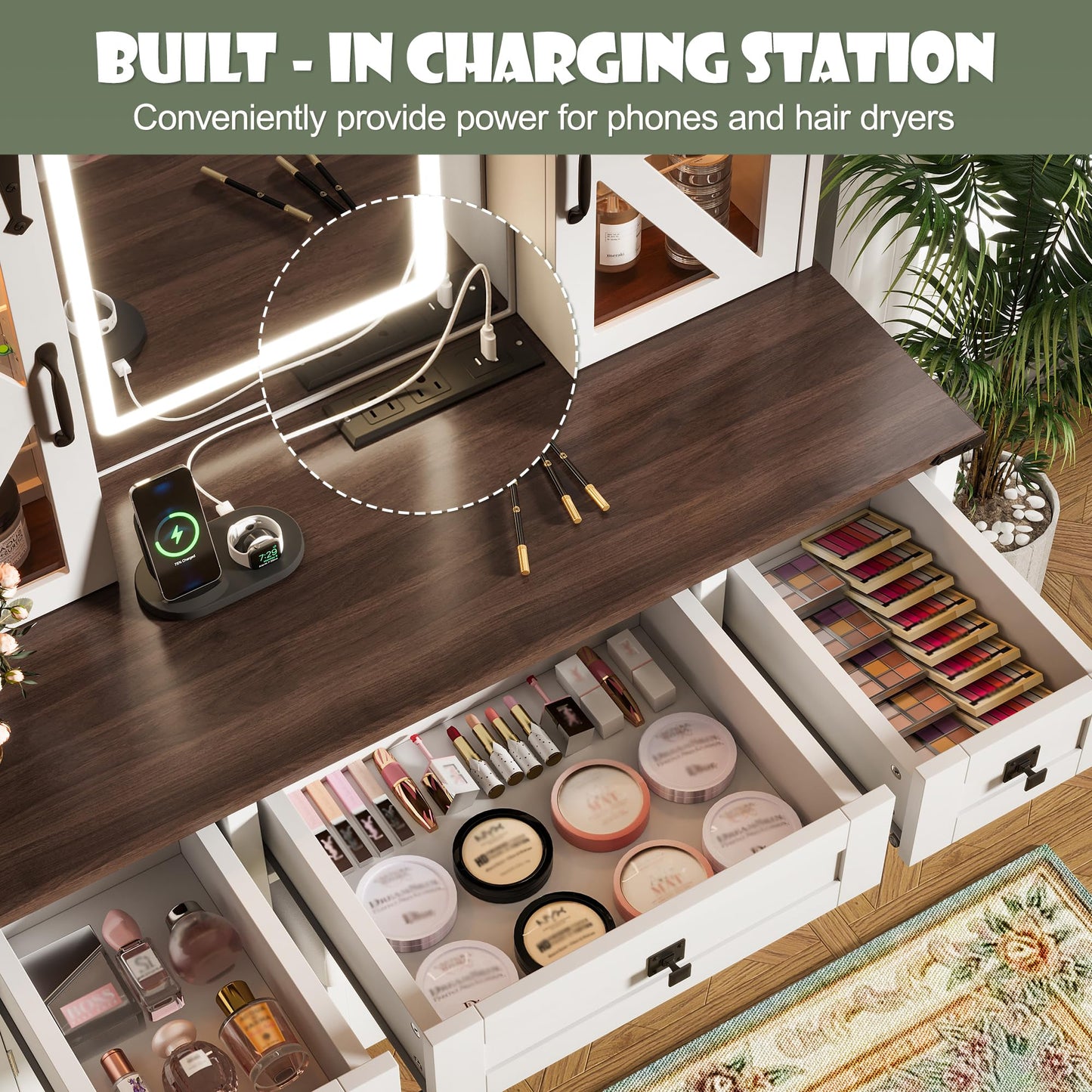 Merax 43.3" Farmhouse Makeup Vanity Desk with Lighted Mirror,Vanity Table Set with Storage Stool with Sliding Barn Door Hidden Shelves & 3 Drawers & 4 Cabinets,Beige