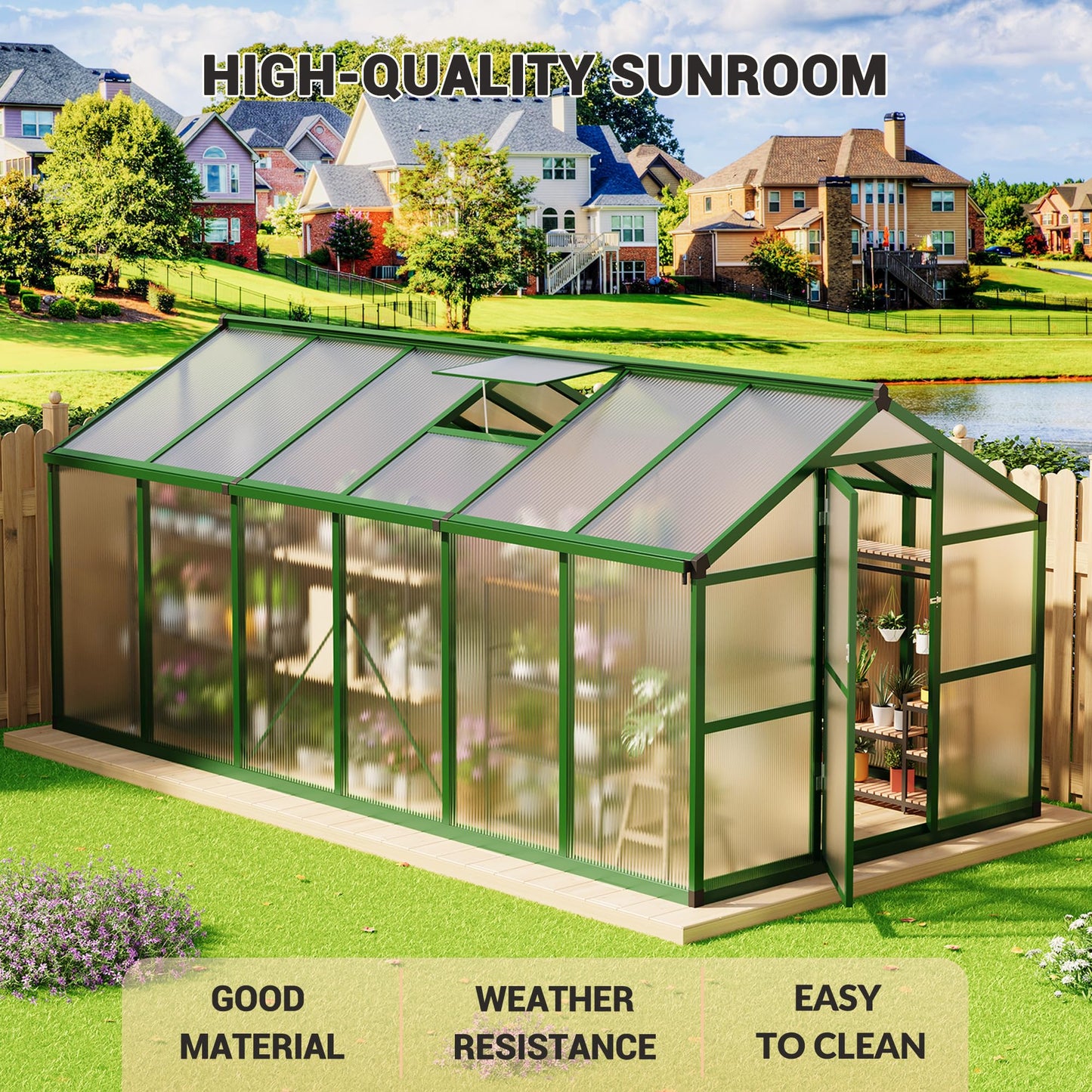8x12 FT Polycarbonate Greenhouse with Roof Vent - Large Aluminum Walk-in Greenhouse Kit for Gardening, Backyard, Patio, Lawn - Easy Assembly
