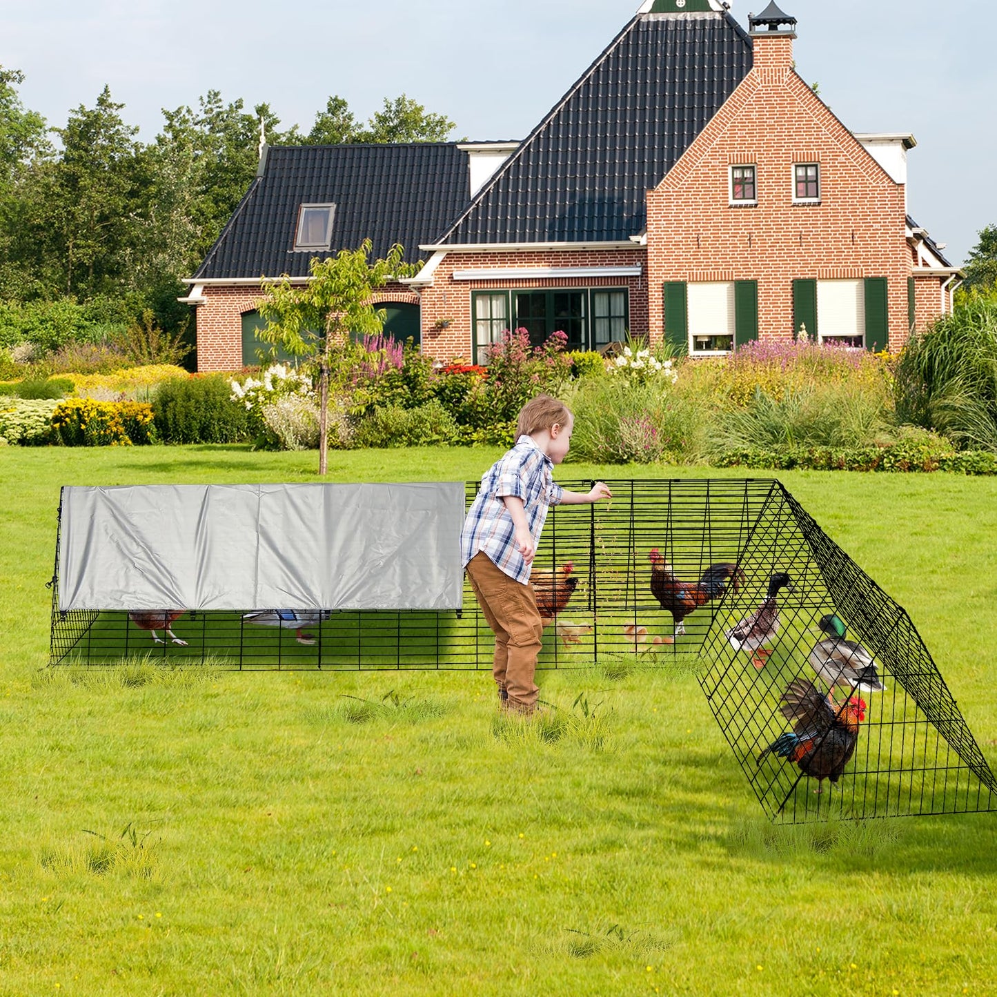 Chicken Runs for Yard with Cover, Chicken Tunnels for Yard, Portable Chicken Coop Run with Corner Frames, Small Metal Chicken Cage for Ducks, Rabbits