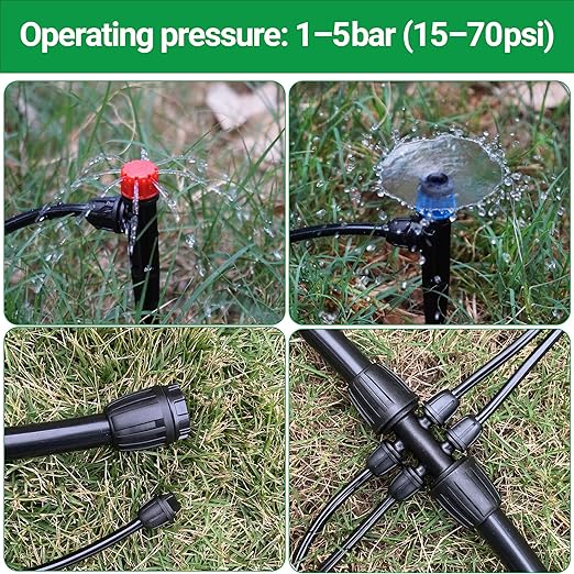 Drip Irrigation Fittings Kit, 1/2" to 1/4" Barbed Connectors, End Plugs, Adjustable Drip Emitters and Vortex Spray Emitters for 1/4" Tubing in Garden or Lawn Use (Tubing Not Included) 38 PCS