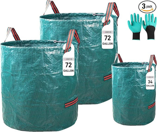 2x72Gallons+1x34Gallons (Free Gloves) Garden Leaf Bags,Reusable Heavy Duty Yard Waste Bag Set,Standable Design and Reinforced 4 Handles for Leaf,Grass,Debris,Camping Trash