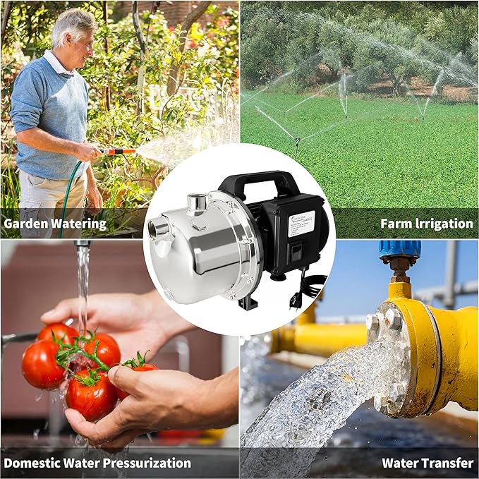 LANCHEZ 1 HP Portable Shallow Well Garden Pump, 1294 GPH Stainless Steel Sprinkler Pump, 115V Water Transfer Draining Irrigation for Lawn