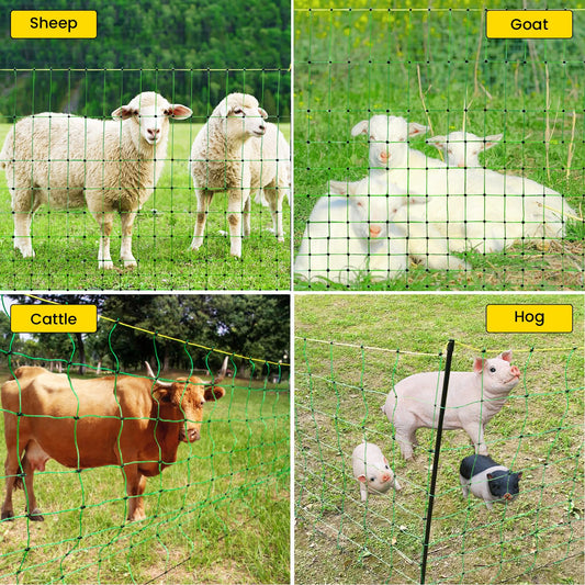 Electric Fence Netting, 164'L x 42.5" H Movable Livestock Nets for Sheep, Hogs, Cattle, PE Net Fencing Kit with 14 Posts Double Spiked, Electric Fencing for Backyards, Homesteaders, Farms Ranches