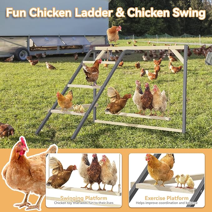 PETSFIT Chicken Perch for Coop-Solid Wood and Rustproof Iron Roosting Bar with Swing - Ideal for Backyard Poultry, Chicken Coops, and Farms-Easy to Assemble and Clean