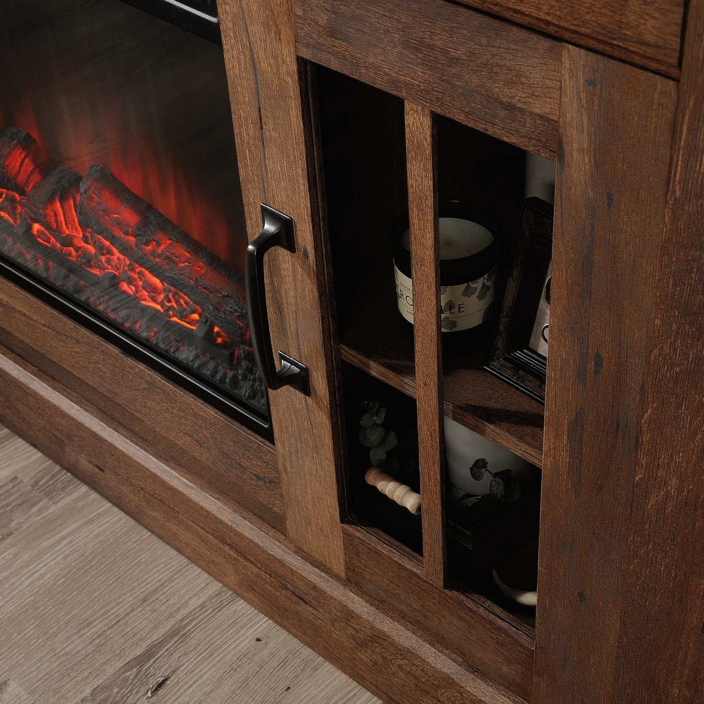 Sauder Miscellaneous Fireplace Credenza, L: 60.0" x W: 16.73" x H: 35.04", Vintage Oak Finish
