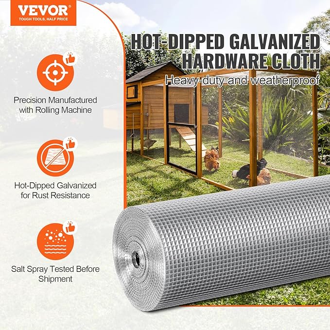 VEVOR Hardware Cloth, 1/4 inch 36in x 50 ft 23 Gauge, Hot Dipped Galvanized Wire Mesh Roll, Chicken Wire Fencing, Wire Mesh for Rabbit Cages, Garden, Small Rodents