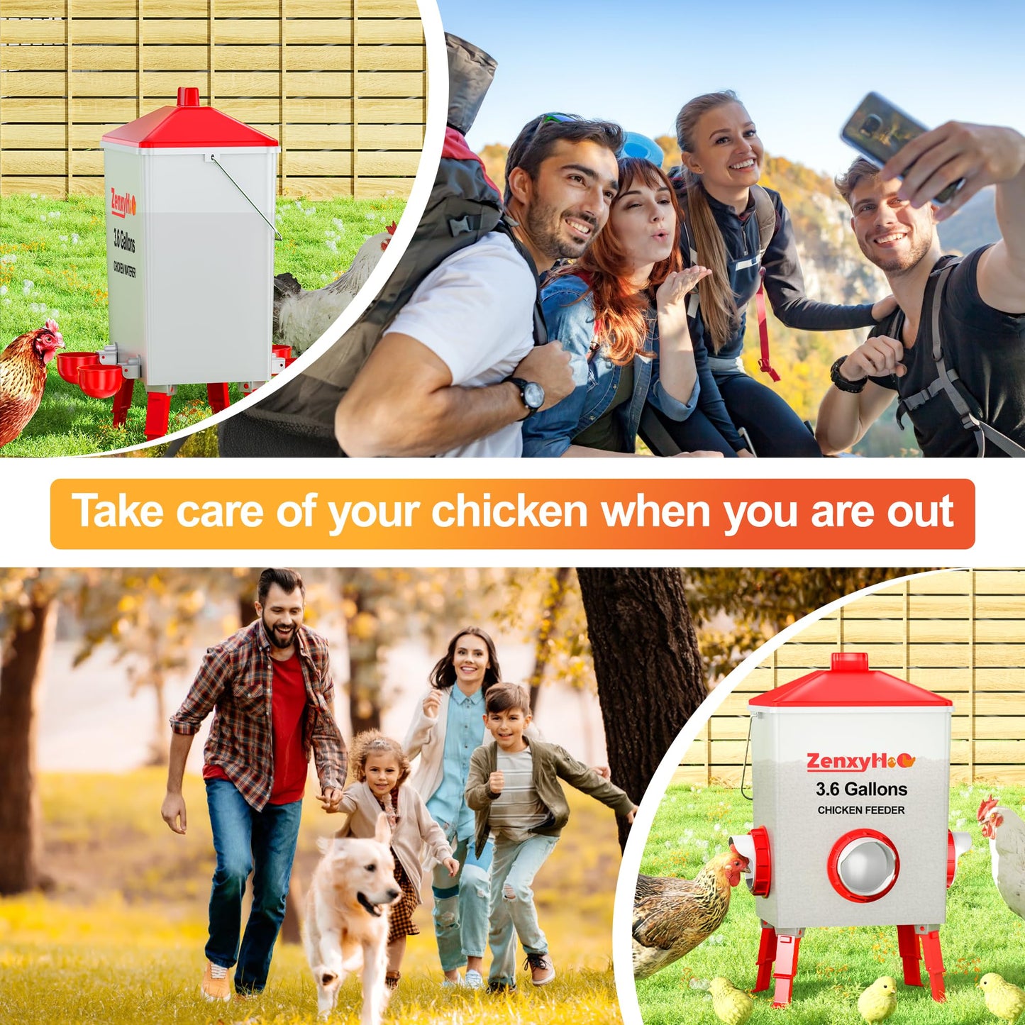 ZenxyHoC 2 * 3.6 Gallons Chicken Feeder Bucket with Handle, Anti Roost Cone and Adjustable Legs