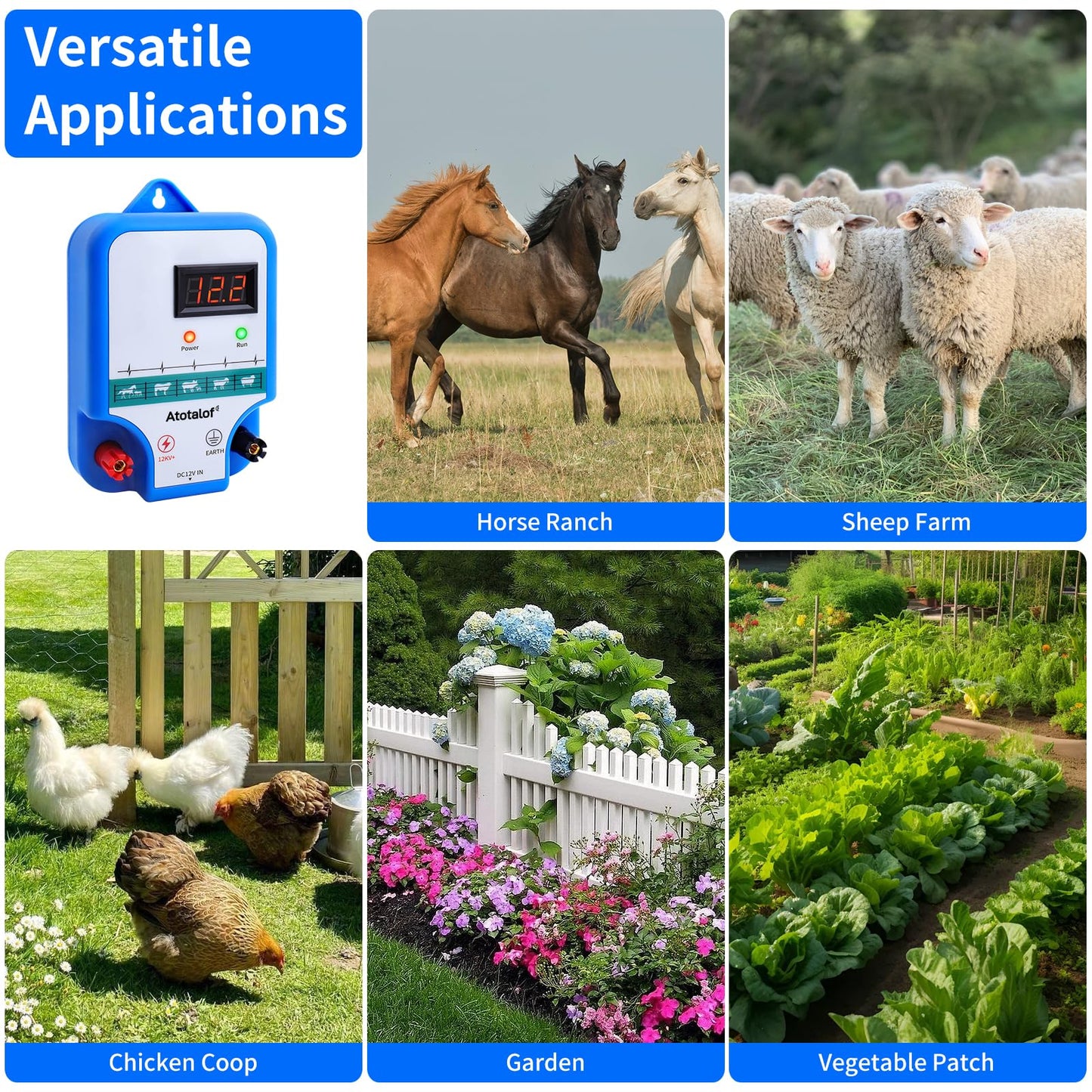 Electric Fence Charger for Livestock - 10 Miles 3 Joule Output Multi Power Electric Fence Controller Livestock Electric Fence Kit