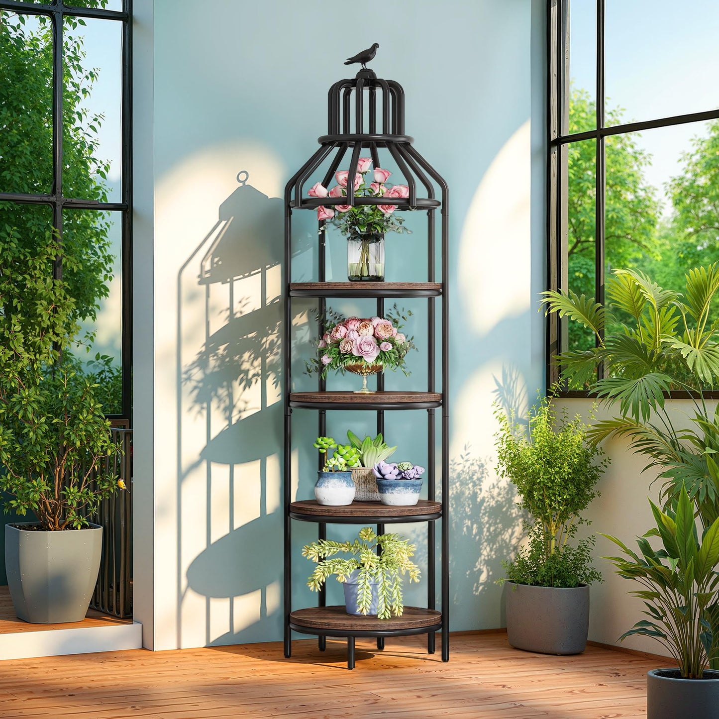 NicBex 70.86" Narrow Bookcase Bookcase with Bird Cage Design,4-Tier Bookshelf Storage Organizer,Metal Plant Stand for Bedroom, Living Room, Office, Brown & Black