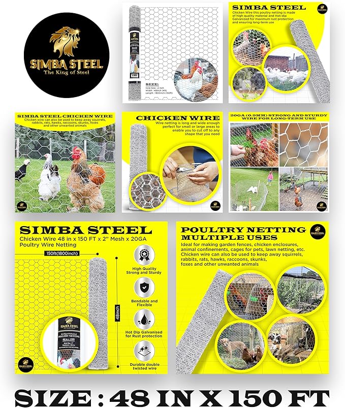 Chicken Wire 48 in x 150 FT x 2” Mesh x 20GA | Poultry Wire Netting | Hot Dipped Galvanised | Hexagonal Galvanized Mesh for Chicken Coop, Rabbit Cage, Fence Barrier PM48x150x2