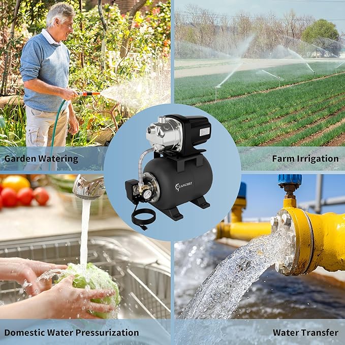 LANCHEZ 1.6HP Shallow Well Pump with Pressure Tank, 115V 1340GPH Automatic Irrigation Water Booster Jet Pump, Stainless Steel Water Transfer Pump for Home Garden Lawn Sprinkler Irrigation, Matte