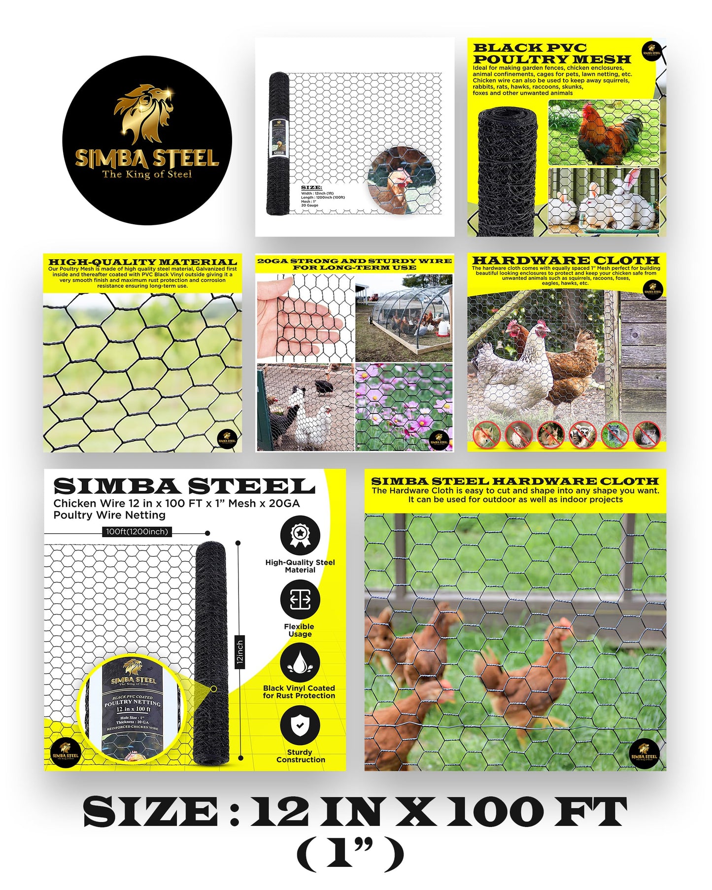 SIMBA STEEL - 12” x 100 FT PVC Hexagonal Poultry Netting Chicken Wire | 1" Mesh | 20 Gauge | Black PVC Vinyl Coated | Rust Proof | for Garden, Fence, Chicken, Rabbit (PVC 12 x 100)