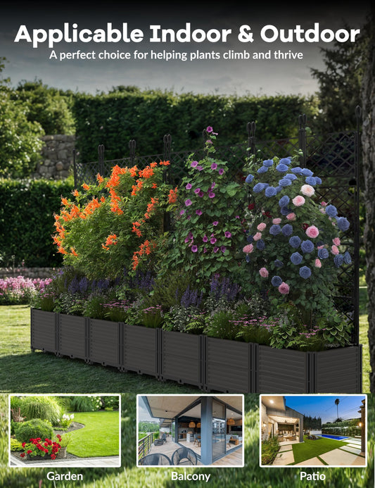 Hipicute 7 PCS Plastic Plant Box with Metal Trellis, Raised Garden Bed with Trellis Planter for Climbing Plant Outdoor Raised Privacy Screen for Patio Balcony,Planter Box for Backyard Patio