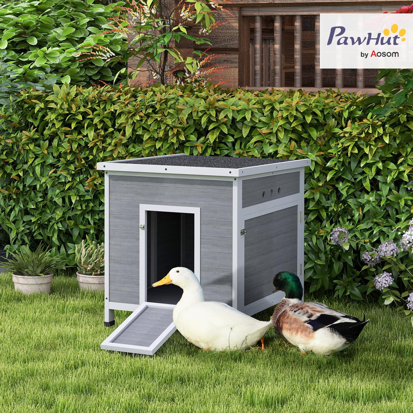 PawHut Duck Coop, Wooden Chicken House Rabbit Hutch with Openable Roof, Removable Floor, Double Doors, Ramp, Duck House for 2-4 Chickens, Geese, 25" x 32" x 30"