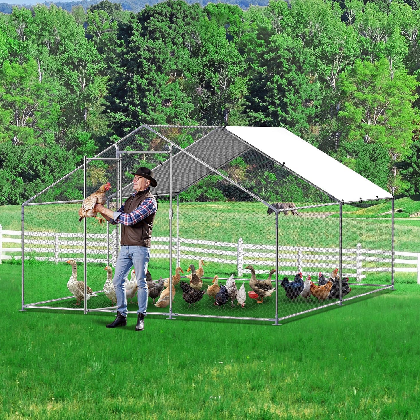 VEVOR Large Metal Chicken Coop, 9.8x13.1x6.5 ft Large Walk in Chicken Runs for Yard with Cover, Hen House Enclosure with Security Lock, Outdoor Duck Rabbit Cage Poultry Pen for Backyard, Farm, Yard