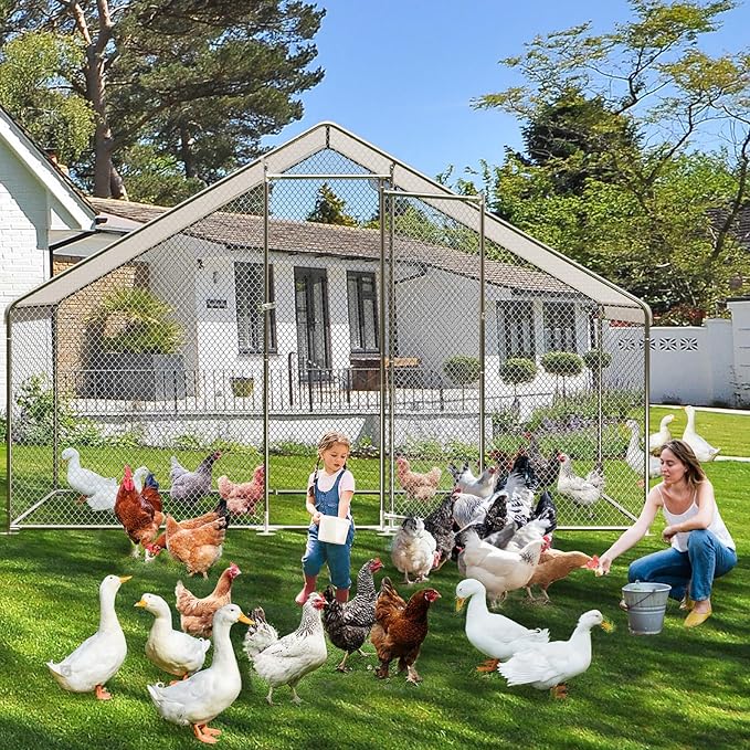 Large Metal Chicken Coop, 6.5 Ft Large Chicken Runs for Yard with Cover, Spire Roof Metal Chicken Coop with Lock for Outdoor, Backyard, Farm, Duck, Rabbit