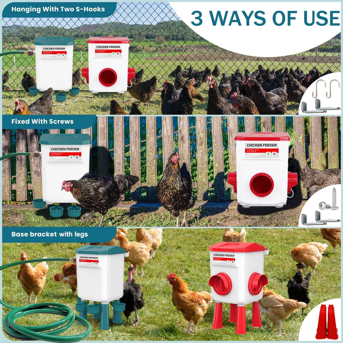Float-Controlled Automatic Chicken Waterer & No Waste Feeder Kits - Chicken Coop Accessories, Poultry Waterer and Feeder, Two Buckets 3 Gallon/18-23 Pounds