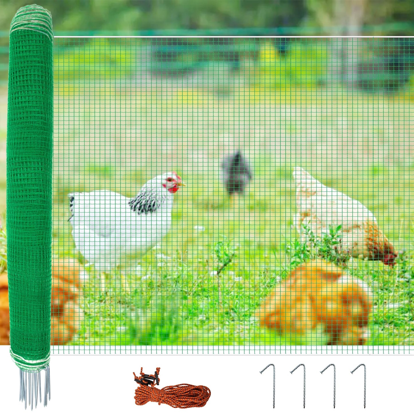 Toriexon Non Electric Fence Netting 48"x65', Boundary Fence with Double Spiked Posts&Windproof Kit, Portable Poultry Fence for Dogs, Chickens, Ducks, Turkeys Suitable in Backyard, Garden, Farm-Green