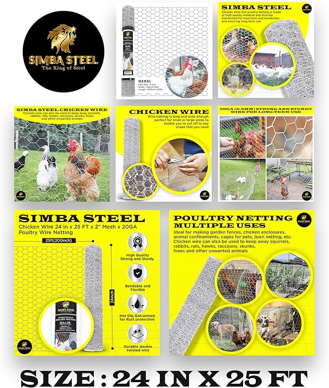 Chicken Wire 24 in x 25 FT x 2” Mesh x 20GA | Poultry Wire Netting | Hot Dipped Galvanised | Hexagonal Galvanized Mesh for Chicken Coop, Rabbit Cage, Fence Barrier PM24x25x2