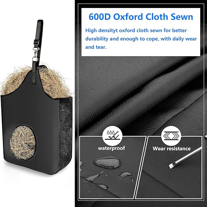 2 Pcs Hay Bag Hanging Goat Feeder Tote Premium Oxford Cloth with Metal Ring and Adjustable Strap for Horses Donkeys Cows Alpacas Ostriches or Other Animals Black