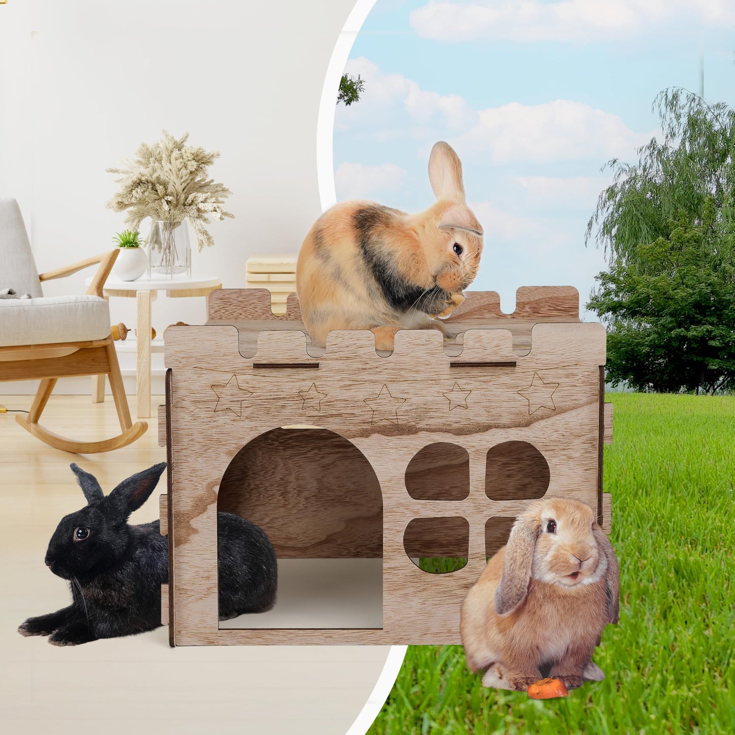 H1M9LX ST Wooden Rabbit Castle with Spacious Perch Hidey Playhouse for Bunny Detachable Hideout Tower Perfect Hiding Spot Home for Indoor Bunnies Guinea Pig Hamster Chinchilla