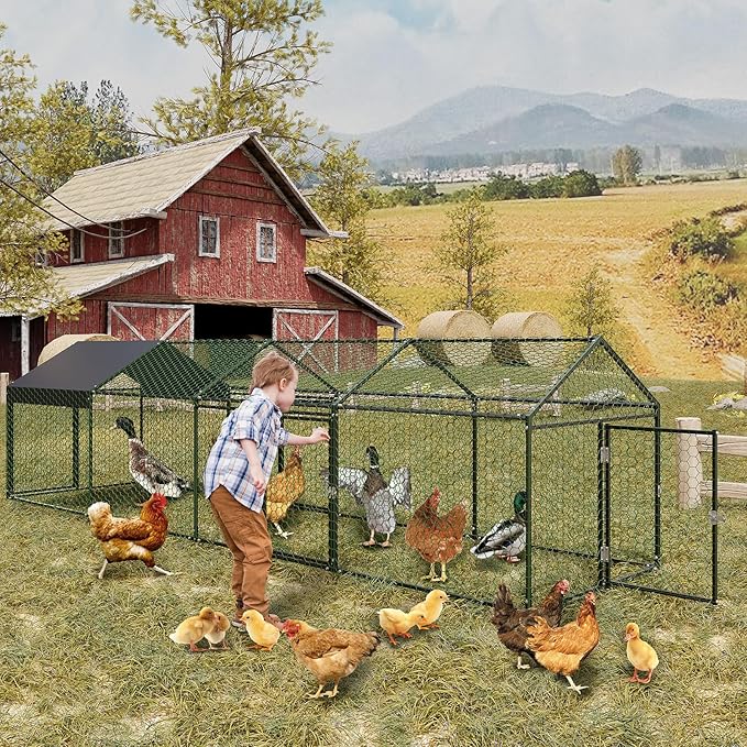 Large Metal Chicken Coop 13.3' x 3.3" x 3.3" Chicken Runs with Waterproof and Anti-UV Cover,3 Doors,Outdoor Hen House for Yard, Walk in Poultry Cage for Rabbit Duck Goose