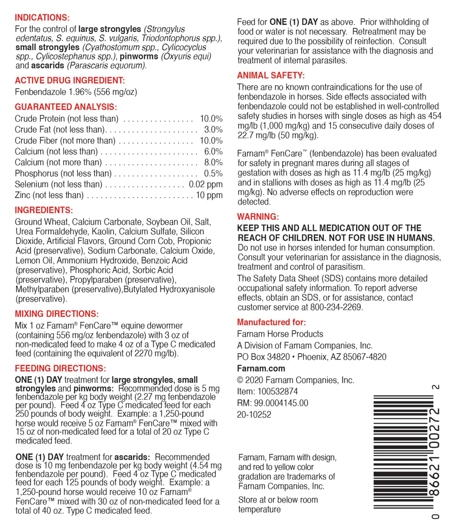 Farnam FenCare Safe-Guard (fenbendazole) 1.96% Type B Medicated Feed Equine Dewormer 5 Ounces