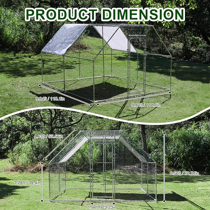Large Metal Chicken Coop Run with Climbing Frame, Outdoor Walk-in Poultry Cage Flat Top with Waterproof&Anti-UV Cover, for Outdoor Backyard Farm, Silver (118" L x 118" W x 78.7" H)