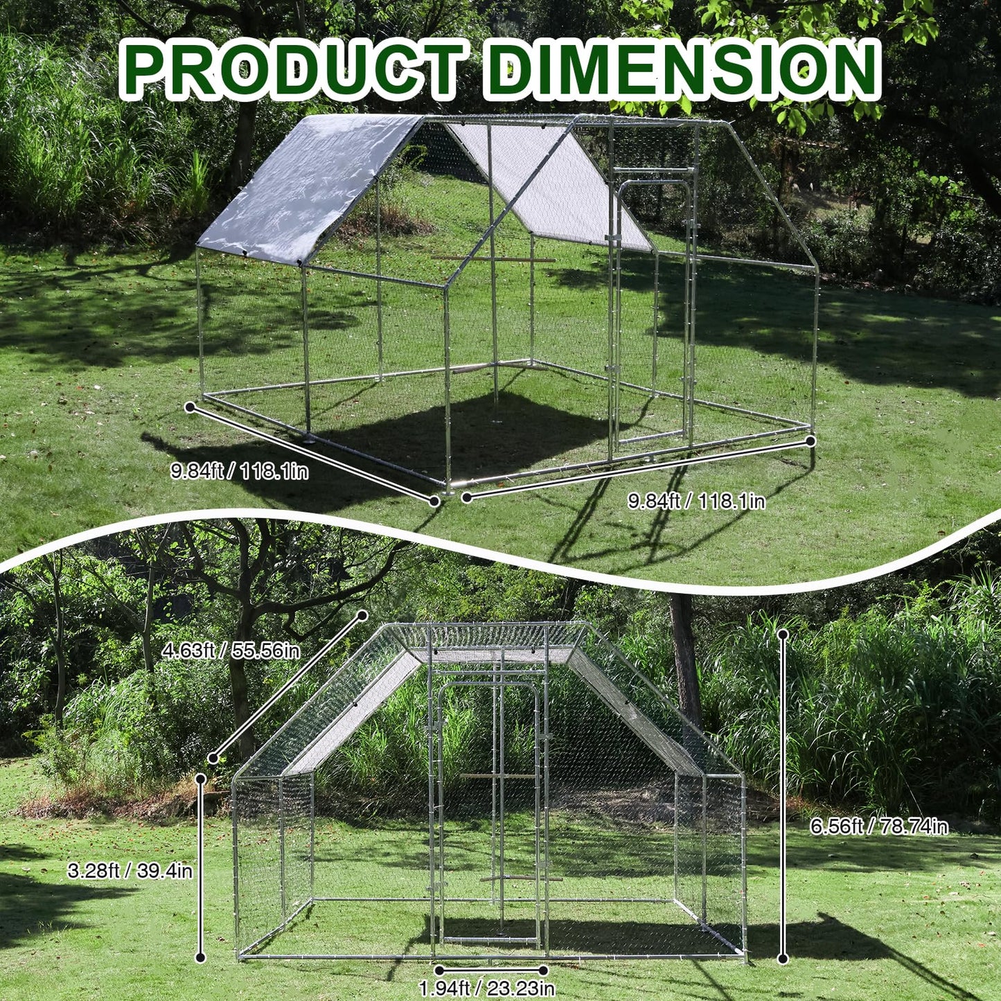 Large Metal Chicken Coop Run with Climbing Frame, Outdoor Walk-in Poultry Cage Flat Top with Waterproof&Anti-UV Cover, for Outdoor Backyard Farm, Silver (118" L x 118" W x 78.7" H)