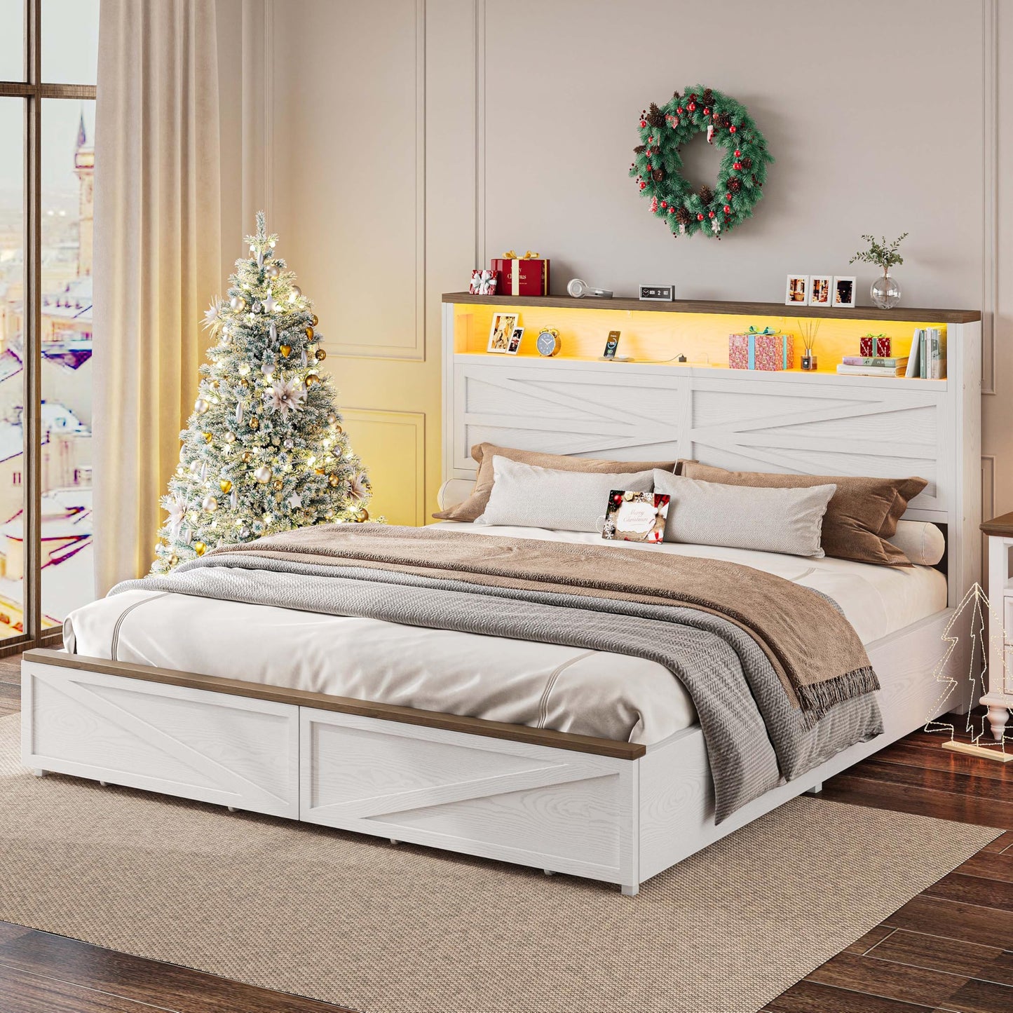 IRONCK Farmhouse King Size Bed Frame with LED Light and Charging Station, Wood Bed Frame with Storage Headboard and 2 Drawers， Barn Door Design, Sturdy and Noiseless, White