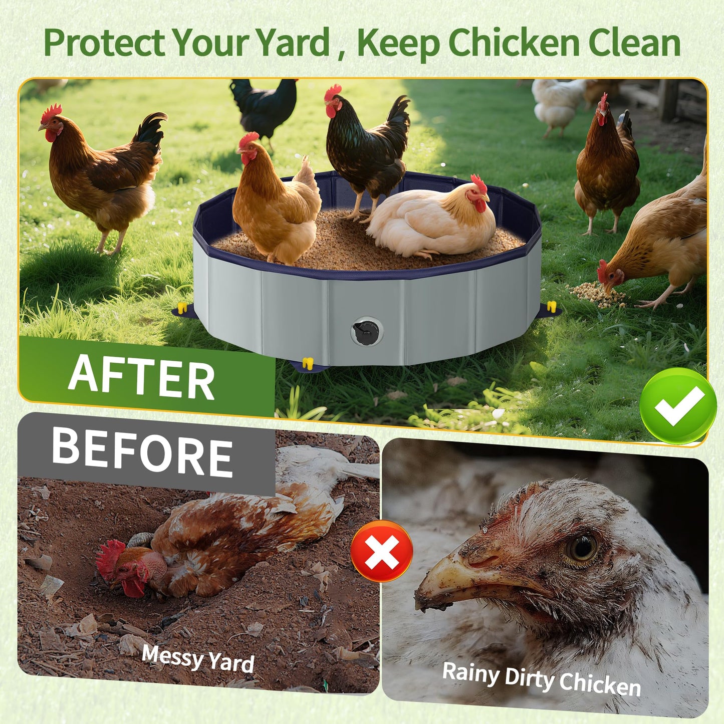 Chicken Dust Bath Tub - 32"D & 8"H Foldable Chicken Coop Accessories to Mix Sand Chilli DE Or Lime Dust in Chicken House, Keep Poultry Hens, Rooster, Button Quail Healthy & Clean, Double as Duck Pool