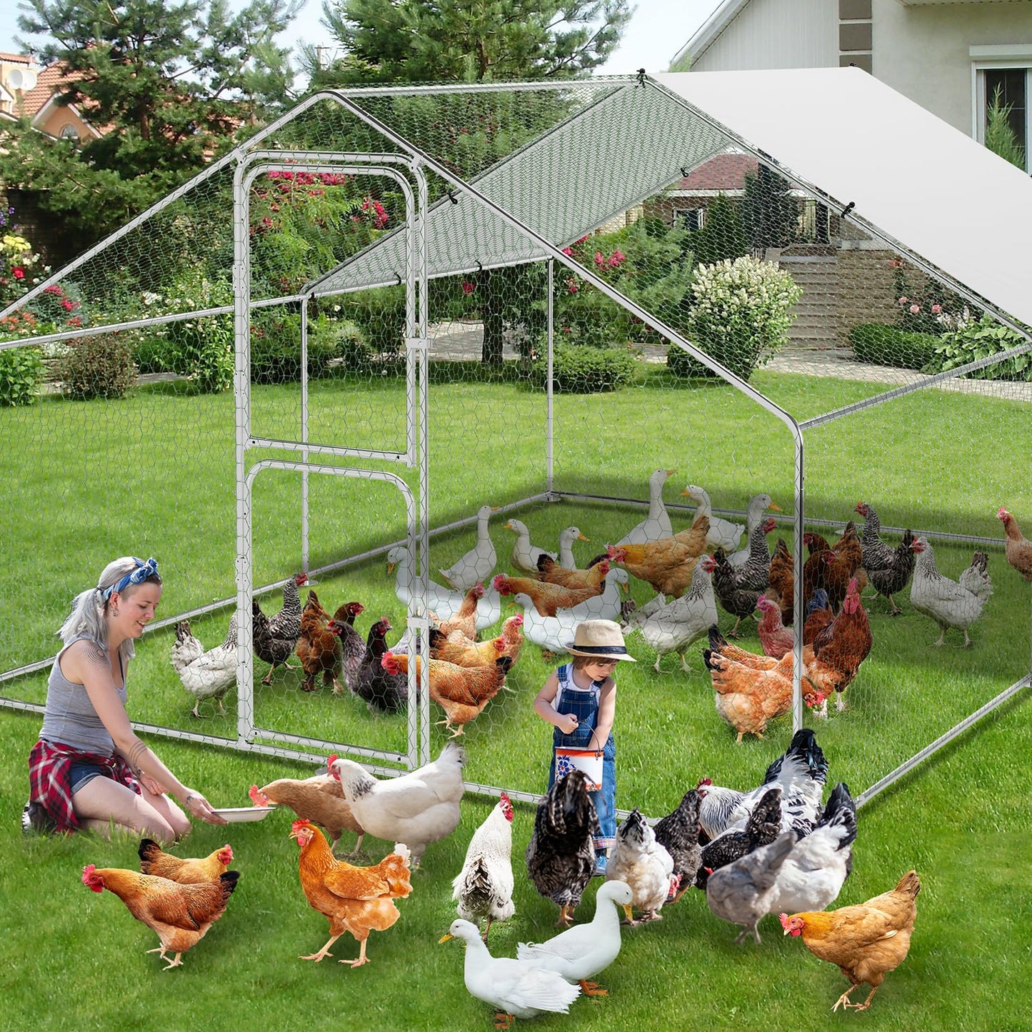 Metal Chicken Coop, Large Chicken Run with Cover, Outdoor Chicken Pen with Double Door, Walk in Chicken Coop for Outdoor Farm Yard (9.8'L x 13.1'W x 6.6'H)