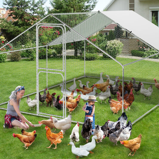 Metal Chicken Coop, Large Chicken Run with Cover, Outdoor Chicken Pen with Double Door, Walk in Chicken Coop for Outdoor Farm Yard (9.8'L x 13.1'W x 6.6'H)