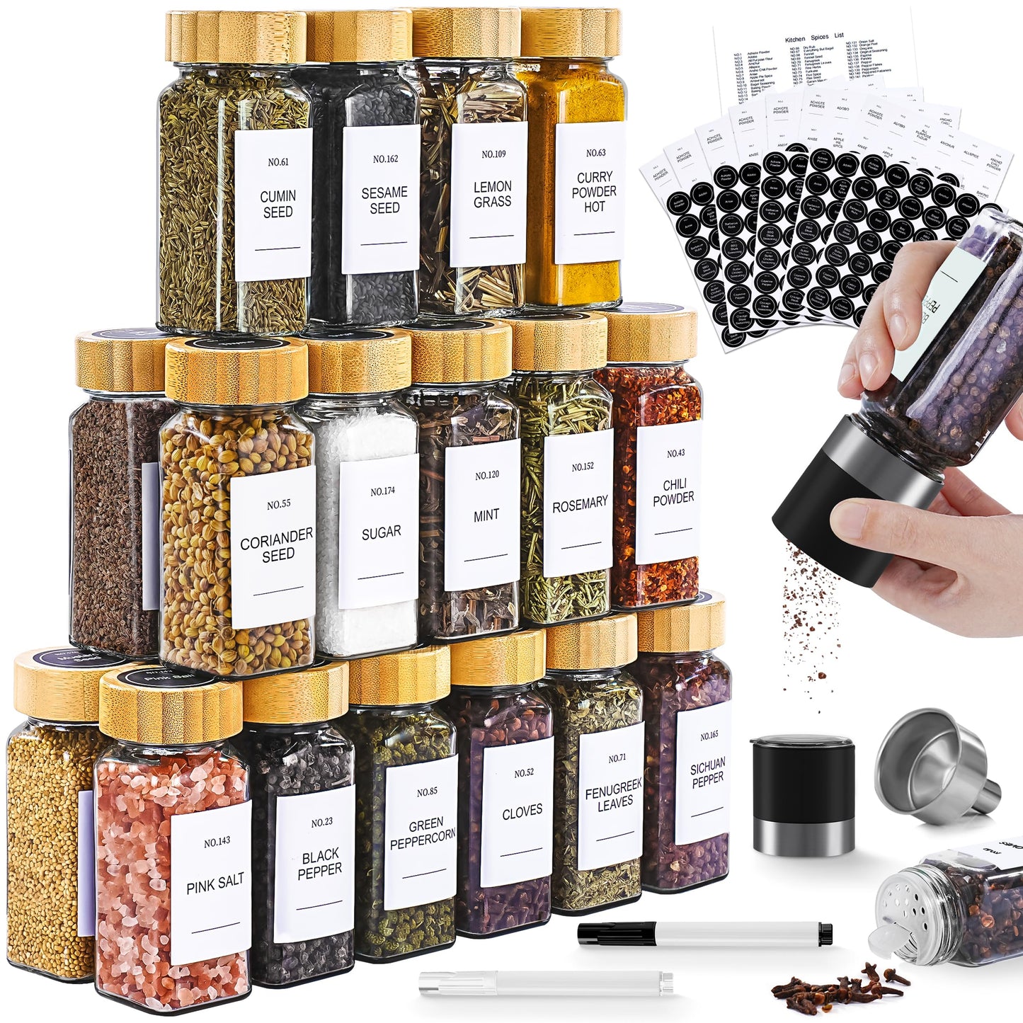 Miuyhji Spice Jars, 24 Pcs 4oz Seasoning Jars with Label, Glass Jars with Bamboo Lids, Spice Containers Bottles with Pepper Grinder & Stainless Steel Funnel for Seasoning Organizer, Cabinet, Drawer