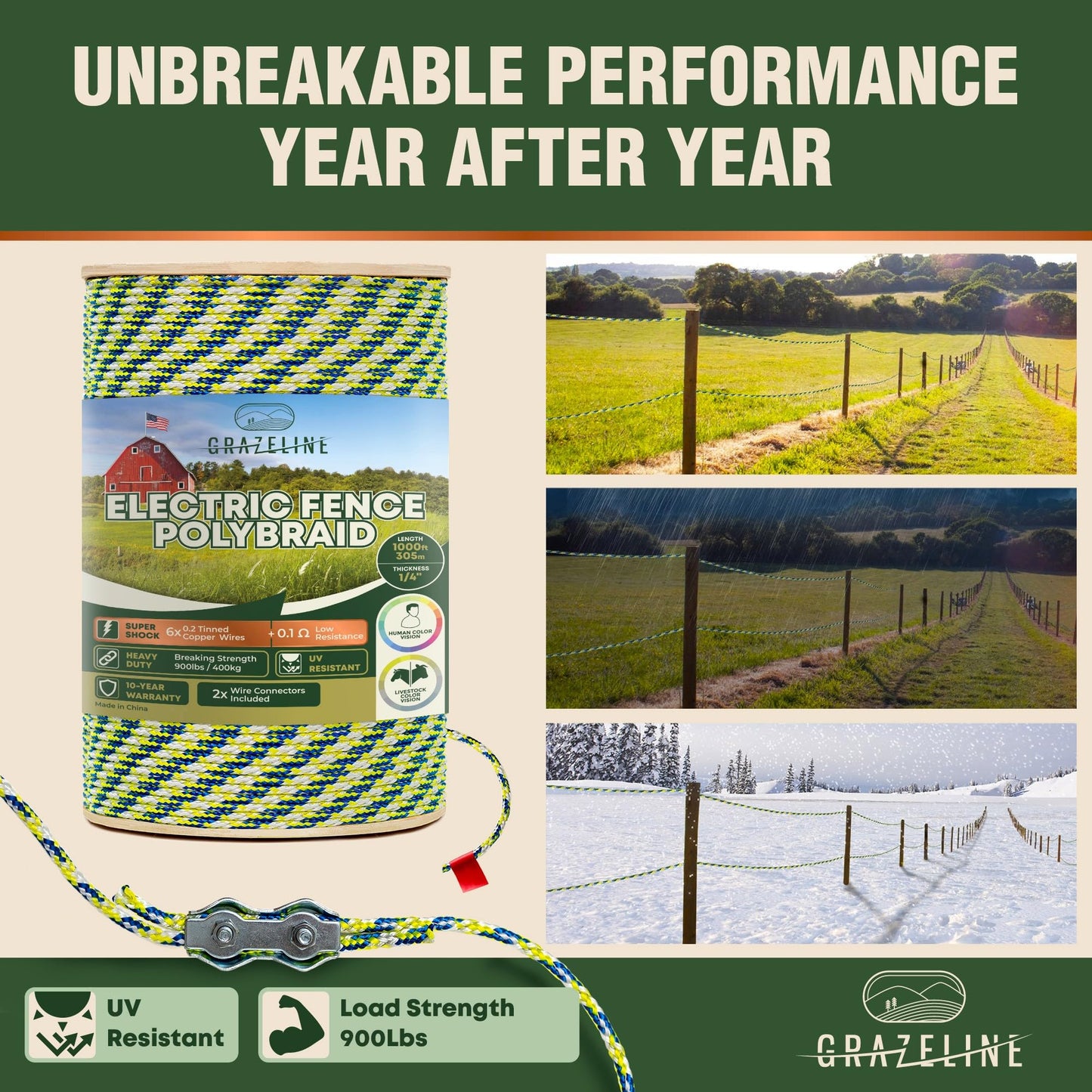 Electric Fence Polybraid 1/4" Rope 1000Ft (305m) - 6 x Tinned Copper Strands for Superior Shock - Heavy Duty Polyrope Braided - Premium Horse Wire Fencing Highly Visible - UV Rust Corrosion Resistant
