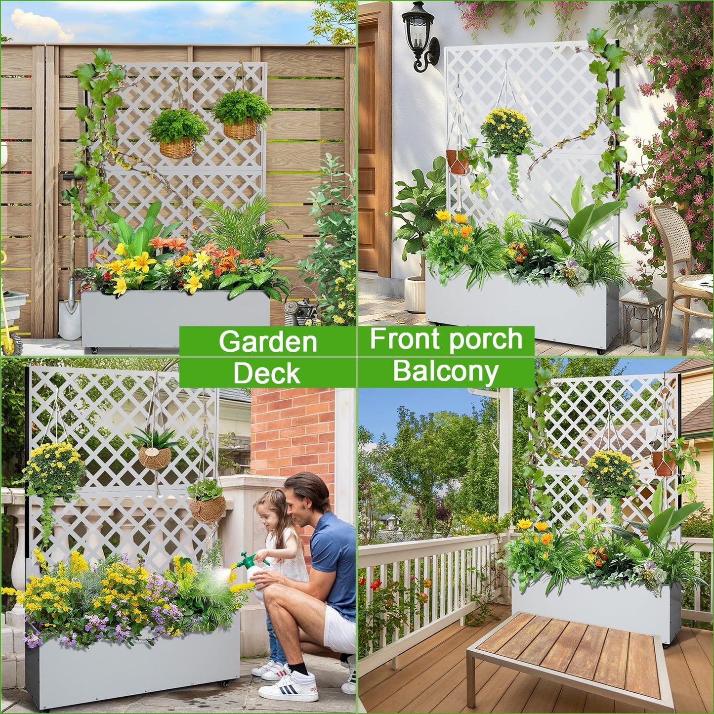 Mochalight Metal Raised Garden Bed with Trellis and Wheels, Metal Planter Box with Trellis Privacy Screen, Outdoor Planter Box with Drainage Holes for Climbing Plants, Flowers, Vegetables, White
