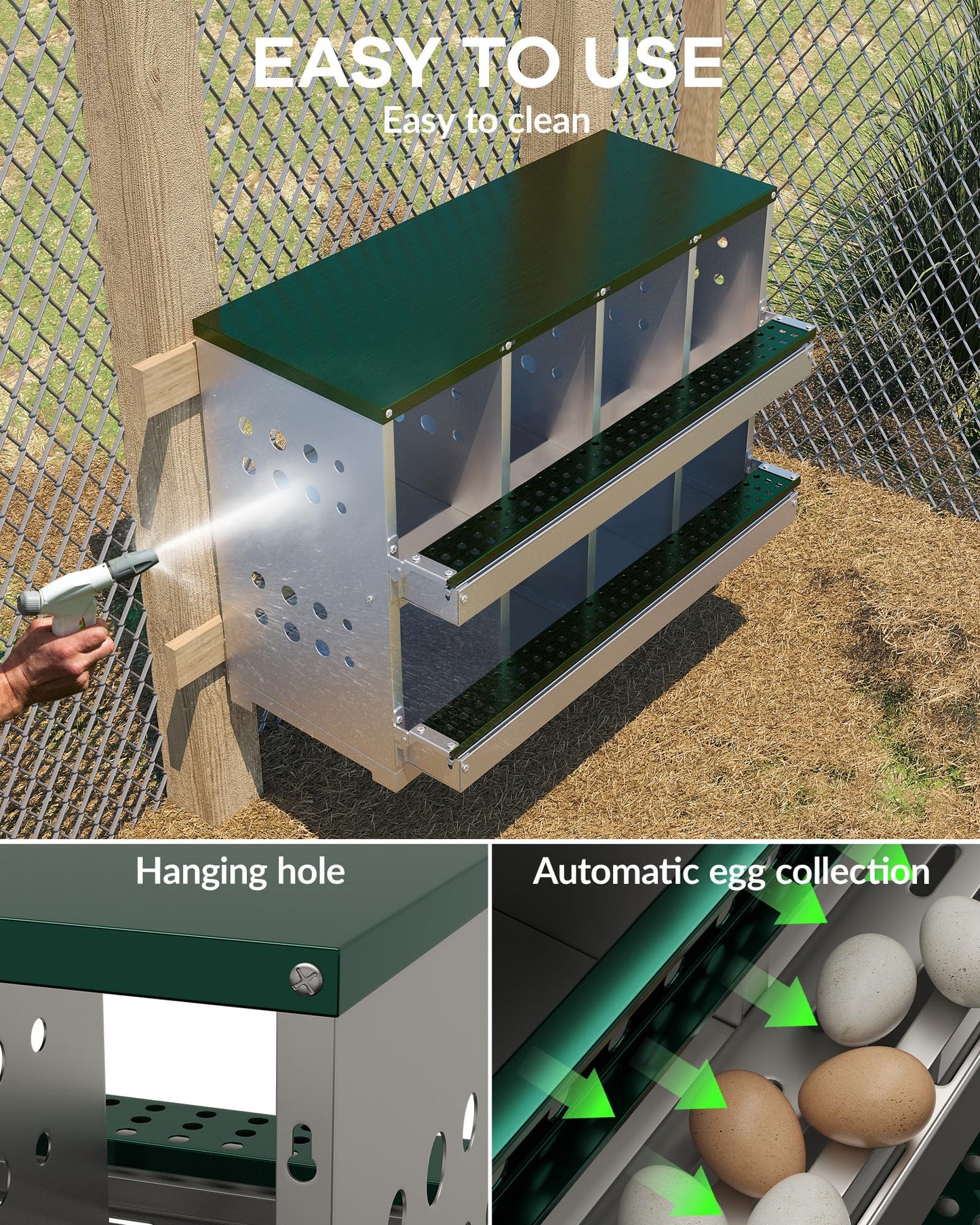 GarveeLife Wall-mountable Roll Away Metal Chicken Nesting Box for Laying Eggs, Rustproof Chicken Laying Boxes for Hens, Ventilated with Perch, Waterproof, 8 Compartments, Green