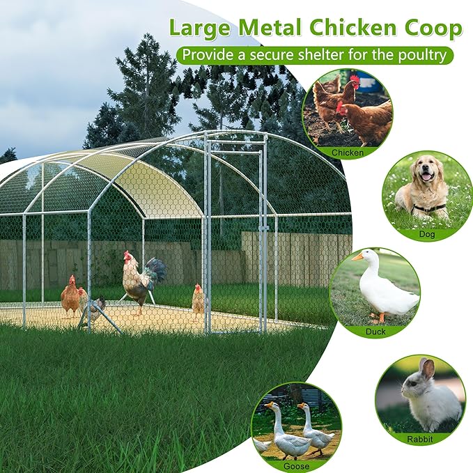 Large Metal Chicken Coop, Walk-in Chicken Run Pen with Waterproof Anti-UV Cover, Dome Roof Poultry Cage for Outdoor, Backyard, Farm (9.84'L x 19.68'W x 6.56' H)