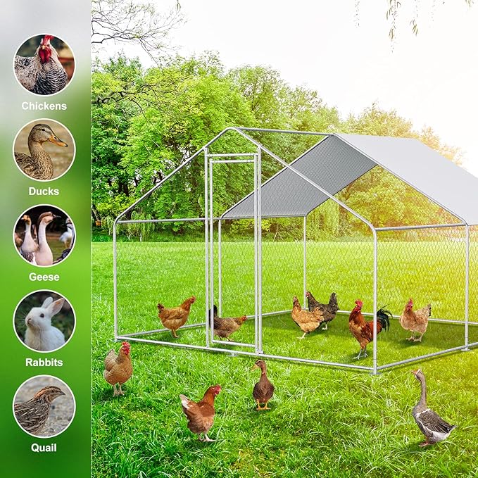 Large Metal Chicken Coop Run Cage Walk-in Poultry with Cover Chicken Pen for Yard with Waterproof and Anti-Ultraviolet Cover Outdoor Farm Use Rabbits House Duck Habitat, 2 Rooms