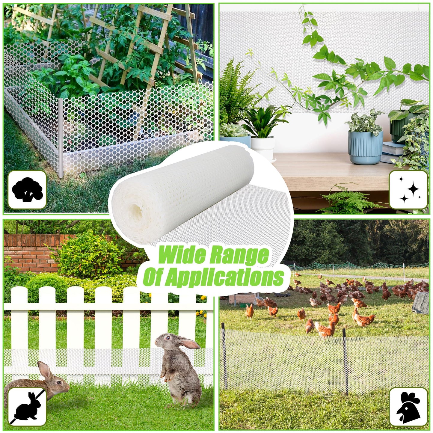 White Plastic Wire Mesh Fence Roll - 15.7IN x 20FT Plastic Chicken Wire Mesh for Poultry， Chicken Puppy Rabbit, Floral, Plastic Fence