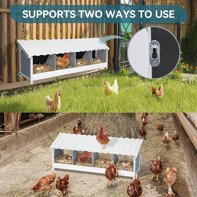 PETSFIT 4 Holes Chicken Nesting Box-All Weather PVC Roof, Natural Wood Design with Privacy Back Panel for Hens-Wall Mounted or Floor Use in Coops, Farms, Backyards,Easy to Assemble