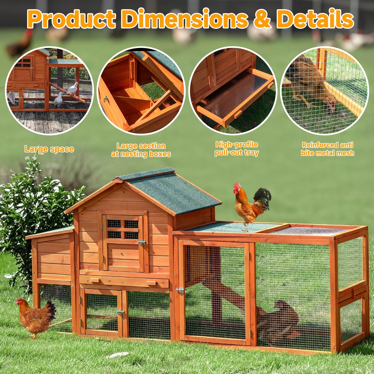 GARWOOD Large Wooden Chicken Coop Outdoor Big Hen House Poultry Pet Duck Hutch with Run Cage Nesting Box Waterproof Asphalt Roof Ramp Removable Tray Wire Fence for Backyard Small Animals 79" Brown