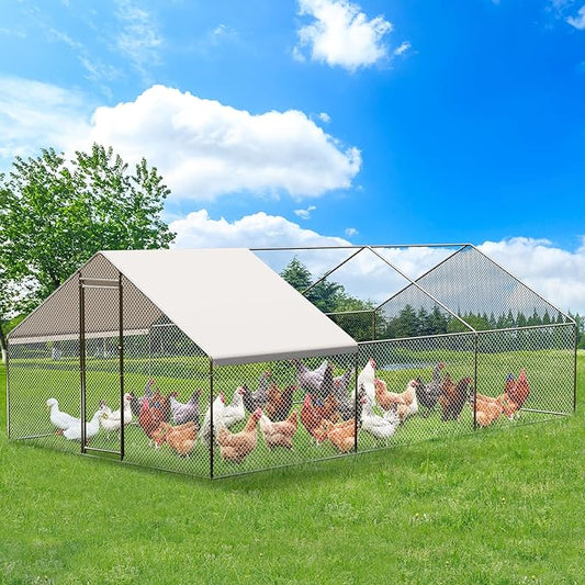 Large Metal Chicken Coop, Large Chicken Pen, Chicken Runs for Yard with Waterproof and Anti-UV Cover, Duck Rabbit House Outdoor (9.8'L x 19.7'W x 6.5'H)
