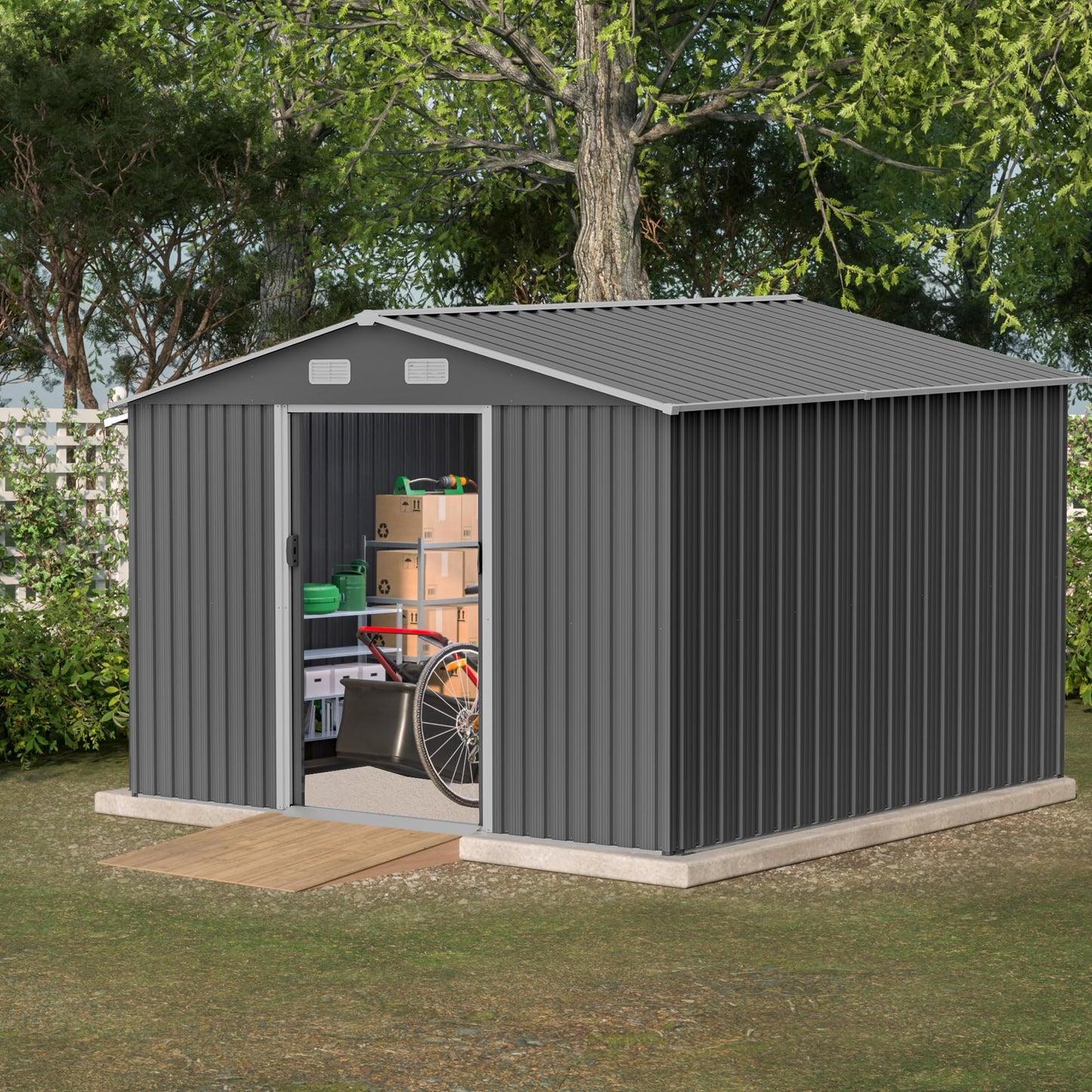 KEIKI Storage Shed 10x8 FT, Large Metal Tool Shed for Outdoor Storage, Galvanized Steel Garden Shed with Lockable Sliding Doors for Patio, Backyard, Lawn, Grey