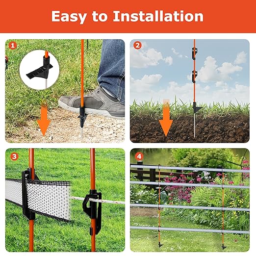 48 Inches Electric Fence Fiberglass Posts, 20 Pack Step in Electric Fence Post, Temporary Portable Fence Stakes for Livestock, Big Insulator, Orange