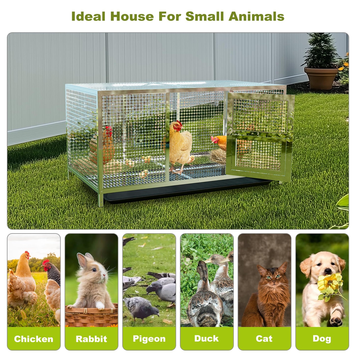 BingoPaw Outdoor Chicken Coop Cage: Heavy Duty Stainless Steel Chicken Coop Poultry Crate with Waterproof Cover - Indoor Pet Kennel with Feeding Door and Tray for Puppy Rabbits Duck Guinea Pig Cats