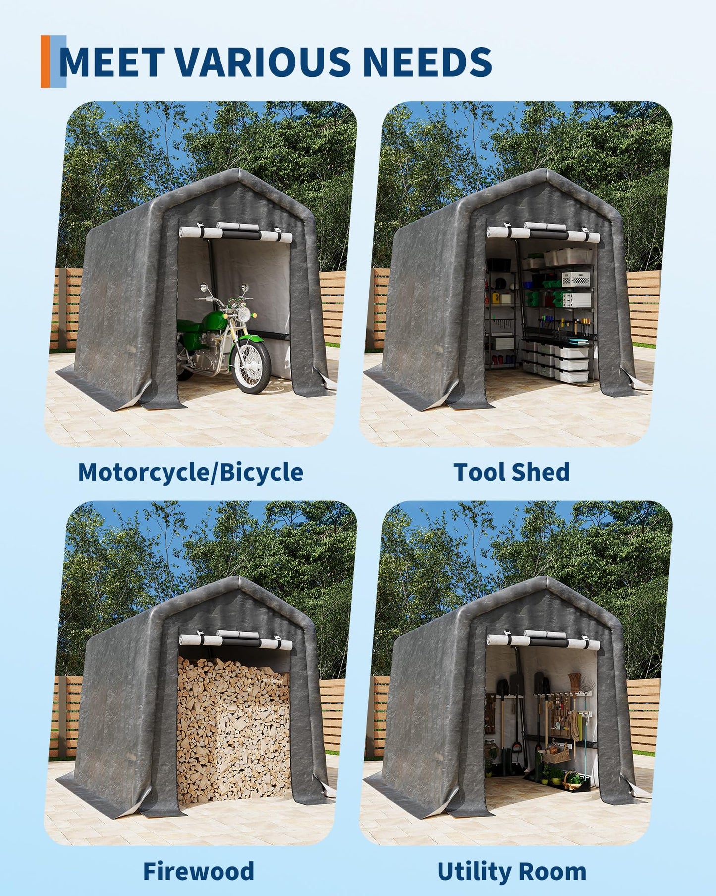 6x8FT Outdoor Portable Storage Shed with Roll-Up Door & Vent, 240G Heavy-Duty Shelter Waterproof PE Tarp, UV-Resistant Storage Sheds for Motorcycle, Firewood, Garden and Tools, Gray