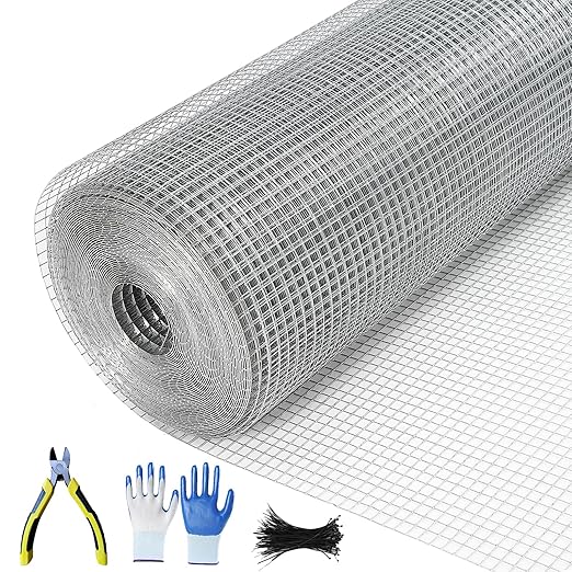 Hardware Cloth 1/2 inch 48 x 100 ft 19 Gauge Chicken Wire Fence Galvanized Steel Mesh Rolled Fencing for Garden Supports Poultry Netting Cage Snake Fence Tree Guard, Silver