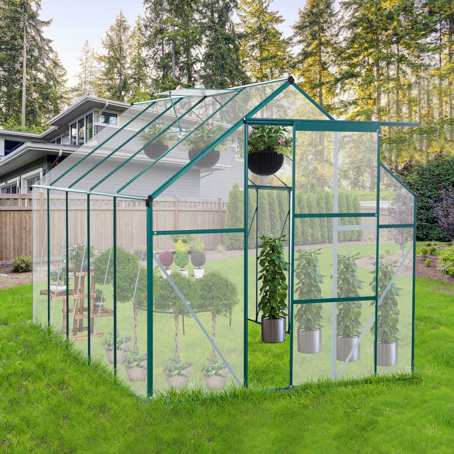 KELRIA 6x10 FT Hybrid Polycarbonate Greenhouse with Sliding Door and Adjustable Vent Window Walk-in Hobby Greenhouses Aluminum Heavy Duty Hot House for Outdoor Garden Backyard, Green
