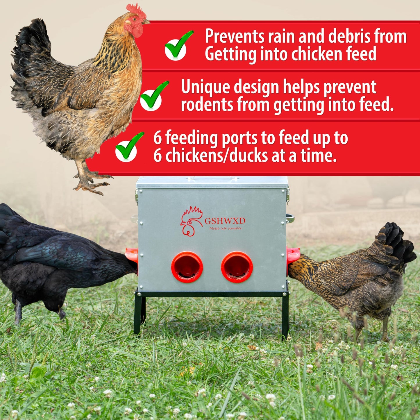 GSHWXD Automatic Chicken Feeder - 40 lb Capacity 6 Port Large Metal Chicken Feeders - No Waste Poultry Feeder with Locking Lid and Legs for Inside Chicken Coops
